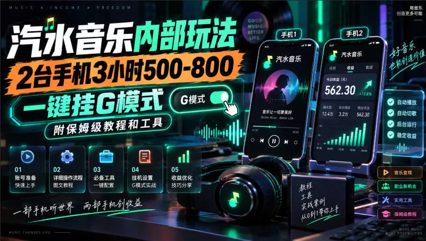 汽水音乐内部玩法，2台手机3小时500-800，一键挂G模式，附保姆级教程和工具【揭秘】 - 来及网络