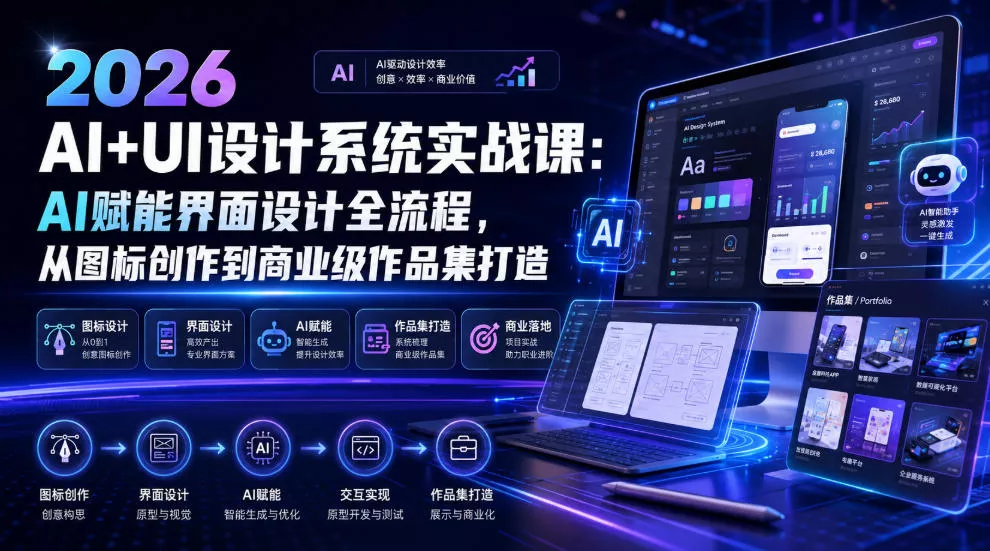 2026 AI+UI设计系统实战课：AI赋能界面设计全流程，从图标创作到商业级作品集打造 - 来及网络