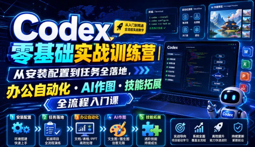 Codex零基础实战训练营｜从安装配置到任务全落地，办公自动化・AI作图・技能拓展全流程入门课 - 来及网络
