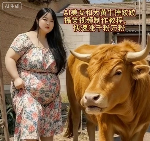 AI美女和大黄牛摔跤搞笑荒诞视频制作教程，快速涨千粉万粉 - 来及网络