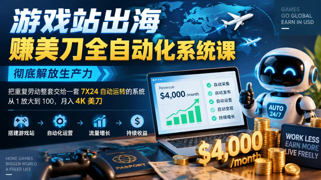 游戏站出海賺美刀全自动化系统课，彻底解放生产力–把重复劳动整套交给一套7X24自动运转的系统，从1放大到100，月入4K美刀 - 来及网络