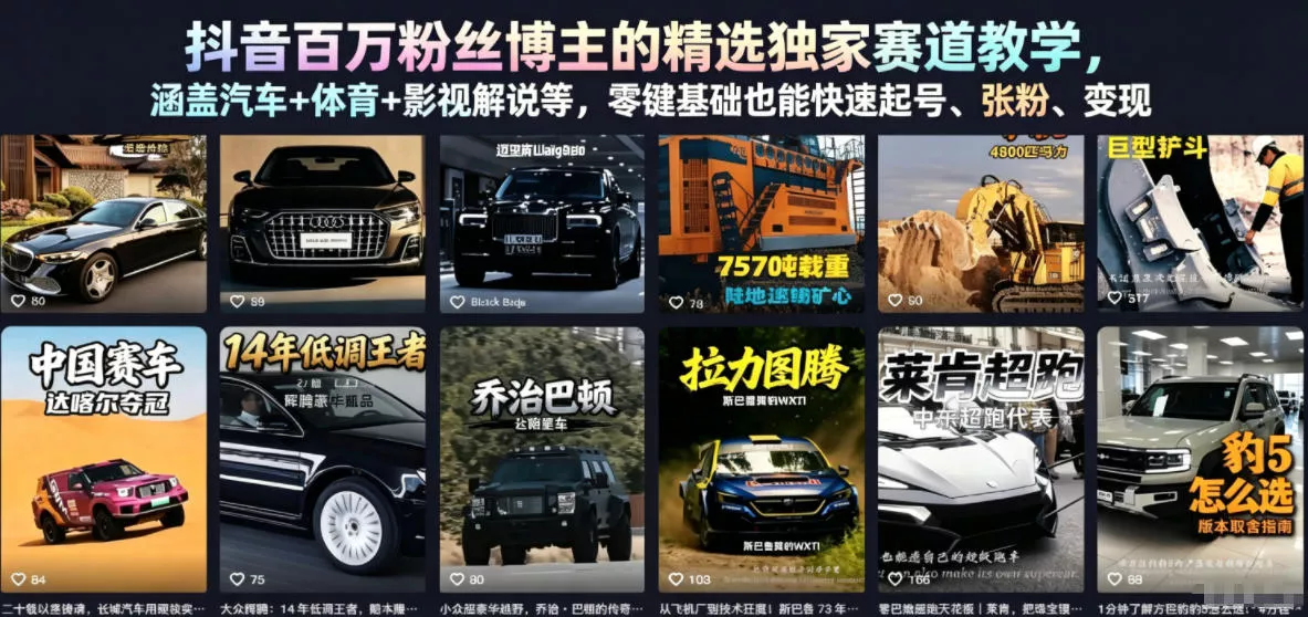 抖音百万粉丝博主的精选独家赛道教学，涵盖汽车+体育+影视解说等，零基础也能快速起号、涨粉、变现 - 来及网络