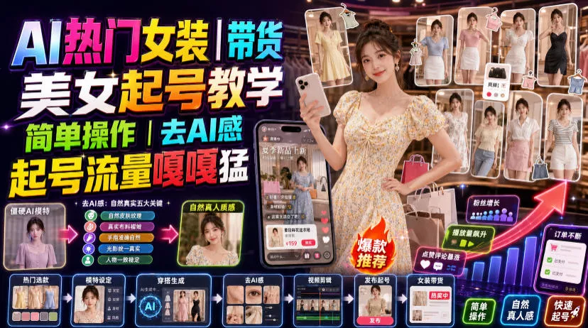 AI热门女装带货丨美女起号教学，简单操作，去AI感，起号流量嘎嘎猛 - 来及网络