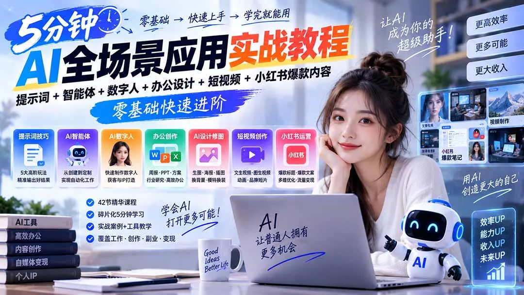 AI全场景应用实战教程｜提示词+智能体+数字人+办公设计+短视频+小红书爆款内容，零基础快速进阶 - 来及网络