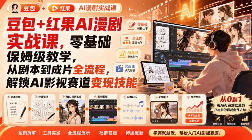 豆包+红果AI漫剧实战课，零基础保姆级教学，从剧本到成片全流程，解锁AI影视赛道变现技能 - 来及网络