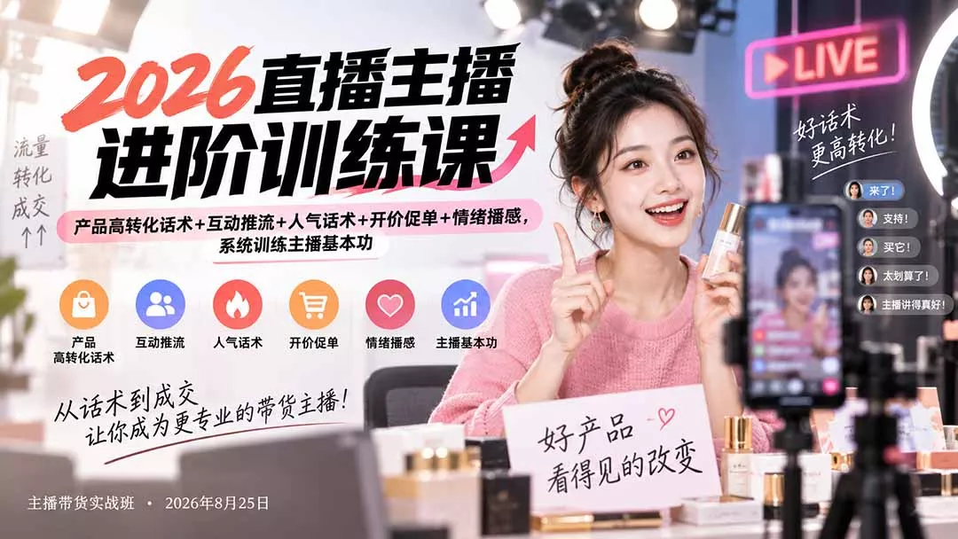2026直播主播进阶训练课：产品高转化话术+互动推流+人气话术+开价促单+情绪播感，系统训练主播基本功 - 来及网络