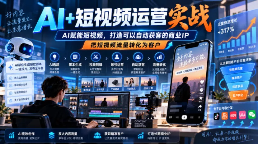 AI+短视频运营实战，AI赋能短视频，打造可以自动获客的商业IP，把短视频流量转化为客户 - 来及网络