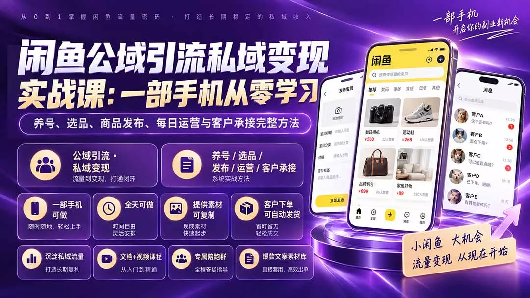 闲鱼公域引流私域变现实战课：一部手机从零学习养号、选品、商品发布、每日运营与客户承接完整方法 - 来及网络