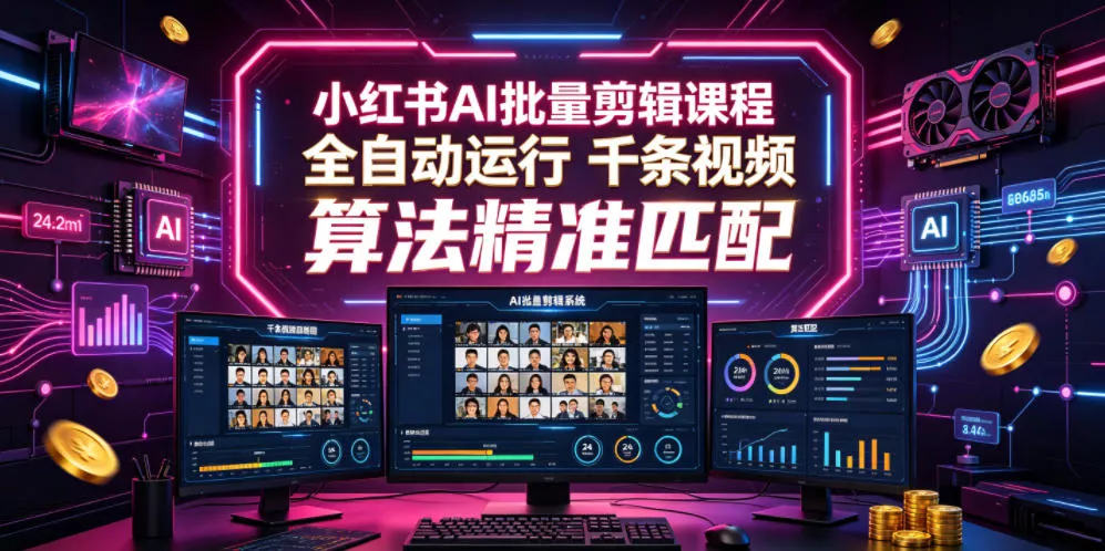 小红书AI批量剪辑课程，24小时全自动运行，解放双手专注运营，千条视频批量处理，小红书算法精准匹配 - 来及网络
