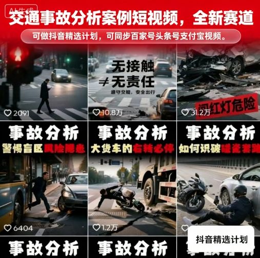 交通事故分析案例短视频，全新赛道，可做抖音精选计划，可同步百家号头条号支付宝视频号平台 - 来及网络