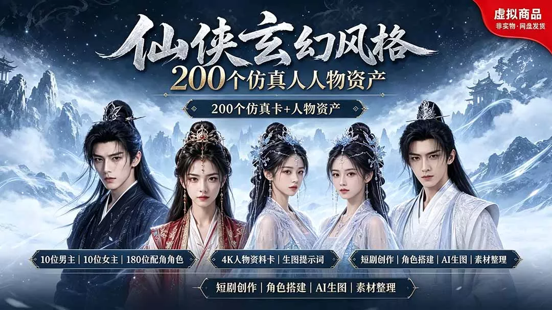 200个仙侠玄幻仿真人素材◆10男主×10女主×180配角，4K资料卡+AI生图提示词，漫剧必备 - 来及网络