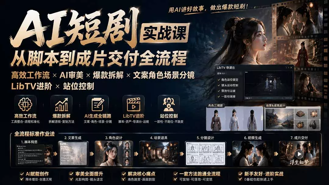 AI短剧实战课：高效工作流×AI审美×爆款拆解×文案角色场景分镜×LibTV进阶×站位控制×从脚本到成片交付全流程 - 来及网络