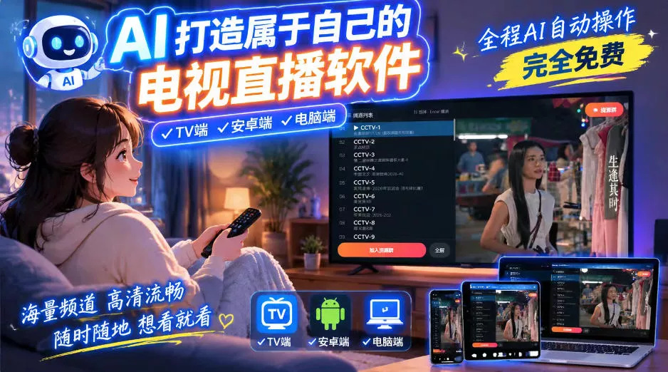 一个提示词，AI全自动做出电视直播软件，电脑、安卓、电视三端通用，完全免费，画质流畅不卡顿 - 来及网络