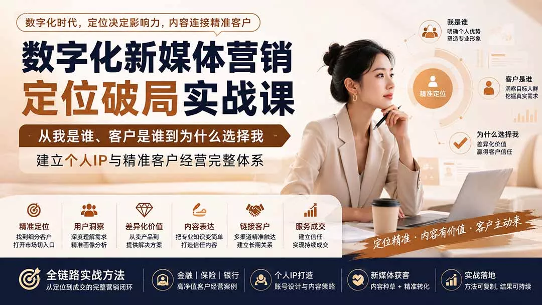 数字化新媒体营销定位破局实战课：从我是谁、客户是谁到为什么选择我，建立个人IP与精准客户经营完整体系 - 来及网络