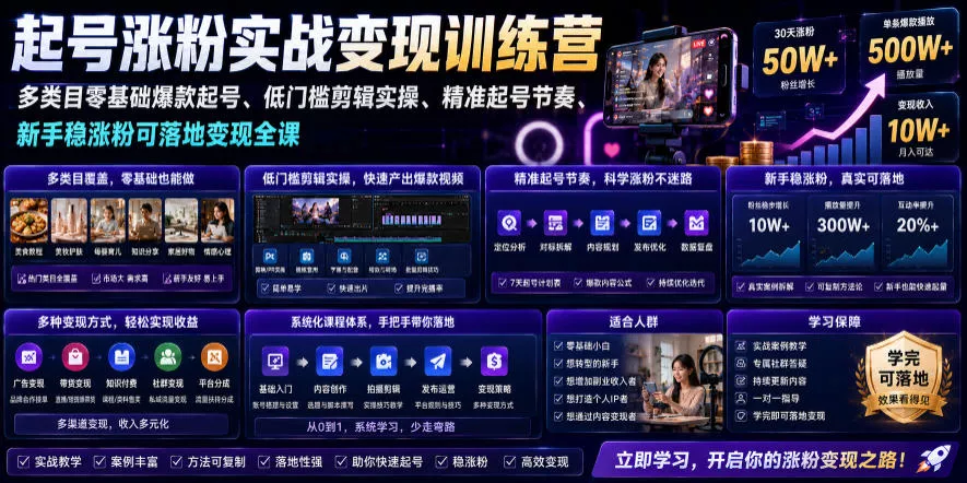 苗子起号涨粉实战变现训练营，多类目零基础爆款起号、精准起号节奏、新手稳涨粉可落地变现全课 - 来及网络
