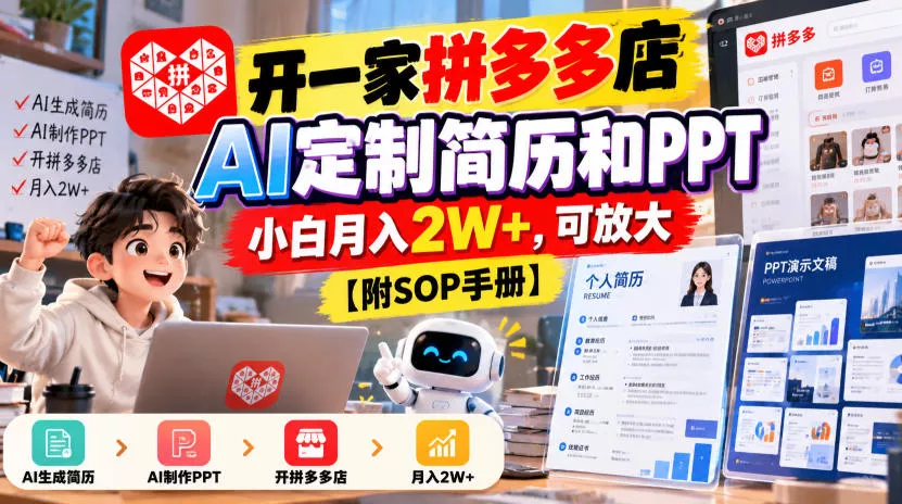 开一家拼多多店，AI定制简历和PPT，小白月入2W+，可放大【附SOP手册】【揭秘】 - 来及网络
