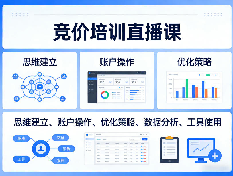 竞价培训直播课，覆盖思维建立、账户操作、优化策略、数据分析、工具使用等，全方位提升效果 - 来及网络