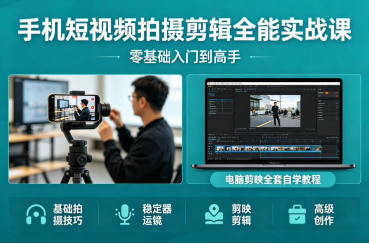 手机短视频拍摄剪辑全能实战课：零基础入门到高手，稳定器运镜+电脑剪映全套自学教程 - 来及网络