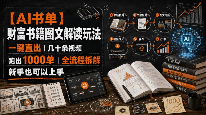 【AI书单】财富书籍图文解读玩法，一键直出，几十条视频，跑出1000单，全流程拆解，新手也可以上手 - 来及网络