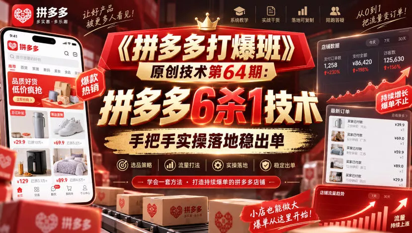 《拼多多打爆班》原创技术第64期：拼多多6杀1技术，手把手实操落地稳出单 - 来及网络