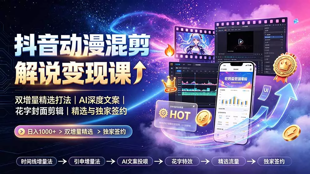 抖音动漫混剪解说变现课：双增量精选打法｜AI深度文案｜花字封面剪辑｜ 精选与独家签约日入1000+ - 来及网络