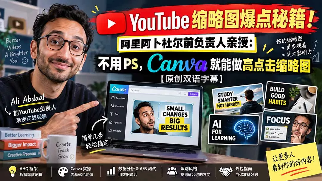 YouTube 缩略图爆点秘籍！阿里阿卜杜尔前负责人亲授：不用 PS，Canva 就能做高点击缩略图【原创双语字幕】 - 来及网络