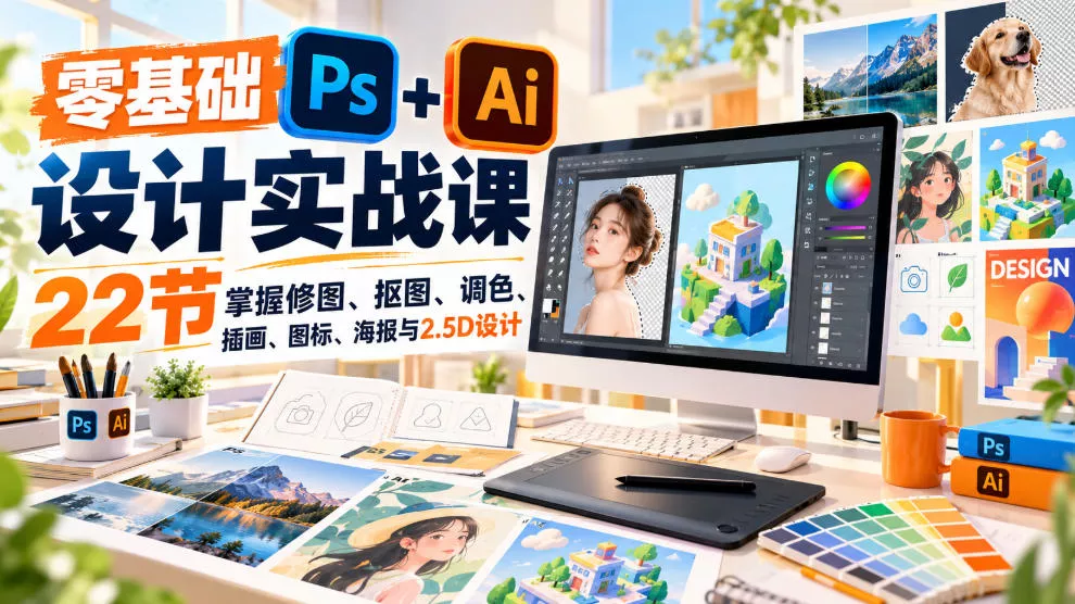 【无水印】零基础PS+AI设计实战课｜22节掌握修图、抠图、调色、插画、图标、海报与2.5D设计 - 来及网络