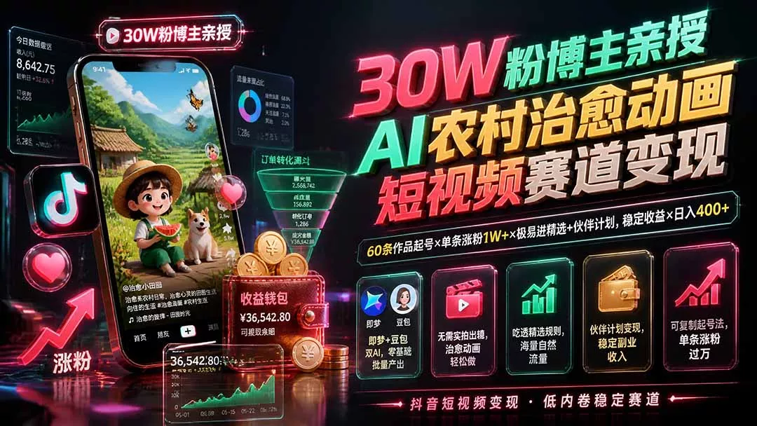 30W粉博主亲授AI农村治愈动画短视频赛道变现：60条作品起号×单条涨粉1W+×极易进精选+伙伴计划，稳定收益×日入400+ - 来及网络