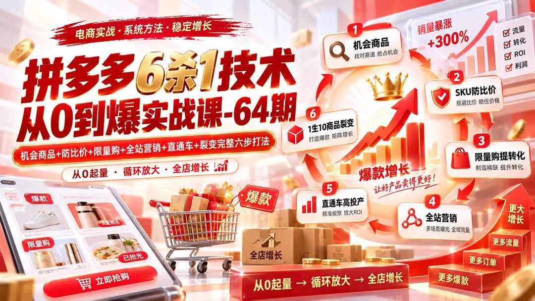 拼多多6杀1技术从0到爆实战课-64期：机会商品+防比价+限量购+全站营销+直通车+裂变完整六步打法 - 来及网络