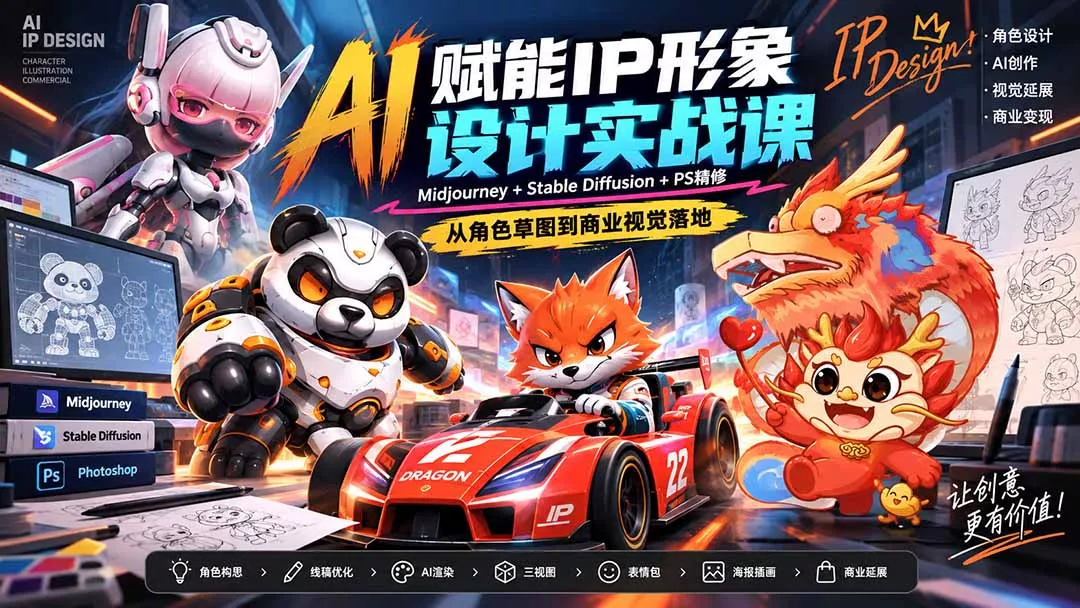 AI赋能IP形象设计实战课-无水印：Midjourney+Stable Diffusion+PS精修，从角色草图到商业视觉落地 - 来及网络