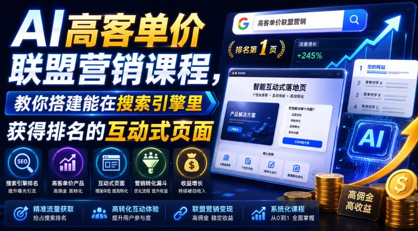 AI高客单价联盟营销课程，教你搭建能在搜索引擎里获得排名的互动式页面，引来流量，把访客转化为高佣金的成交【原创双语字幕】 - 来及网络