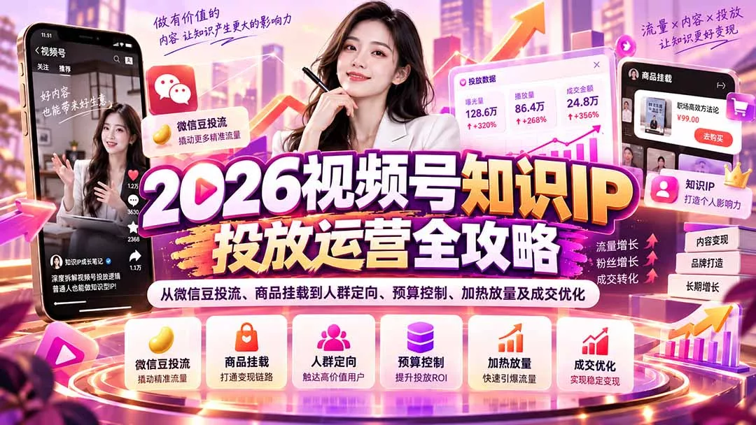 2026视频号知识IP投放运营全攻略：从微信豆投流、商品挂载到人群定向、预算控制、加热放量及成交优化 - 来及网络