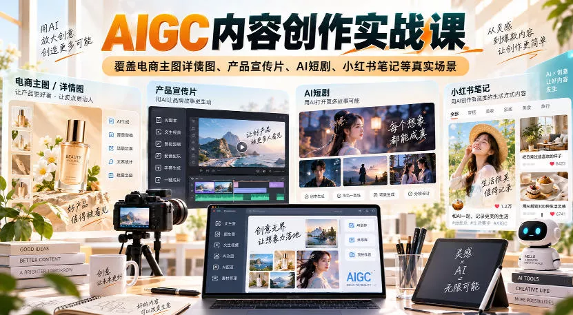 AIGC内容创作实战课，覆盖电商主图详情图、产品宣传片、AI短剧、小红书笔记等真实场景 - 来及网络