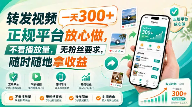 转发视频一天300+，正规平台放心做，不看播放量，无粉丝要求，随时随地拿收益【揭秘】 - 来及网络