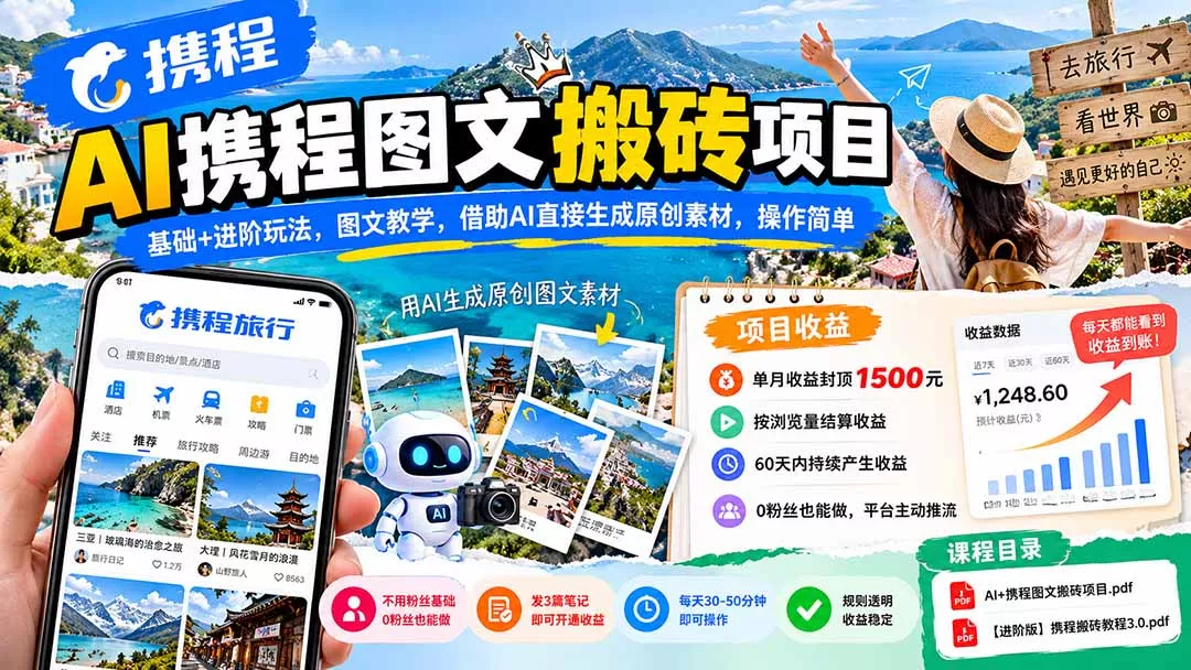 AI携程图文搬砖项目，基础+进阶玩法，图文教学，借助AI直接生成原创素材，操作简单 - 来及网络