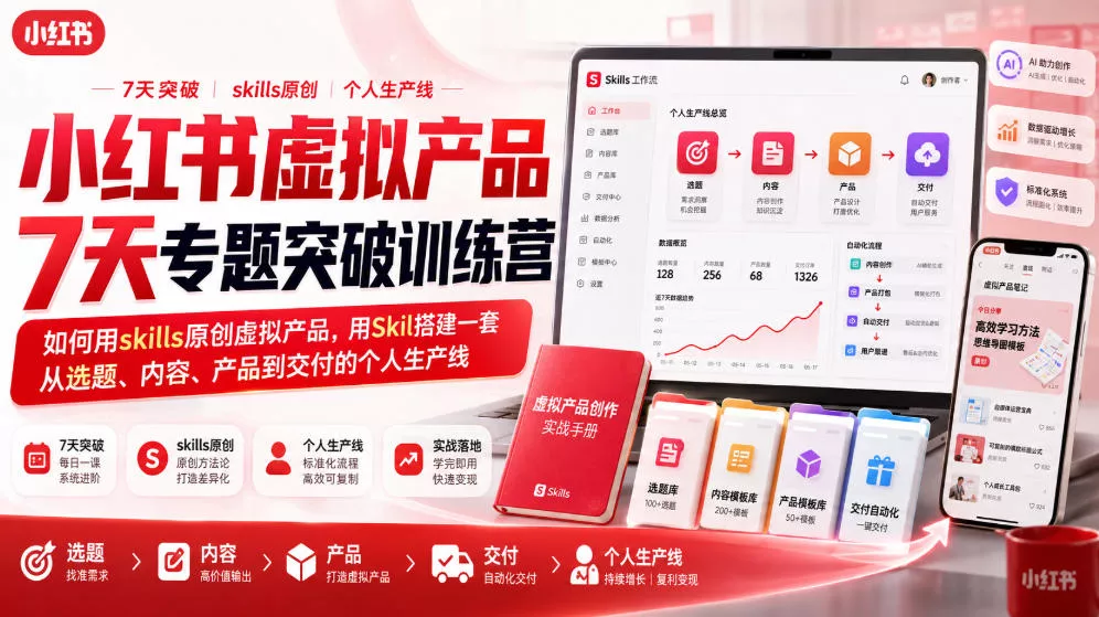 小红书虚拟产品7天专题突破训练营，如何用skills原创虚拟产品，用Skil搭建一套从选题、内容、产品到交付的个人生产线 - 来及网络