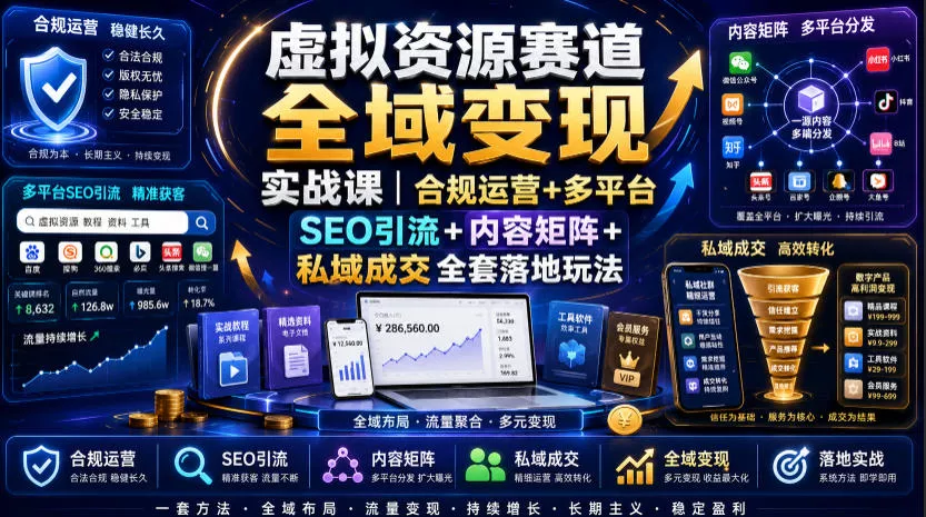 虚拟资源赛道全域变现实战课｜合规运营+多平台SEO引流+内容矩阵+私域成交全套落地玩法 - 来及网络