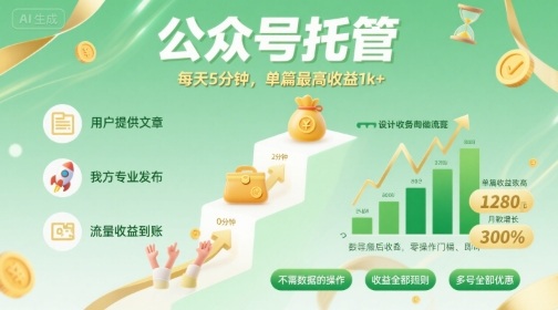 【公众号托管 】我提供文章，你发布，每天5分钟，单篇最高收益1k+【揭秘】 - 来及网络