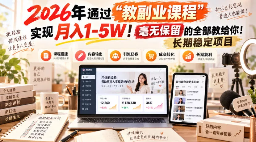 2026年通过“教副业课程”实现月入1-5W！毫无保留的全部教给你！长期稳定项目 - 来及网络