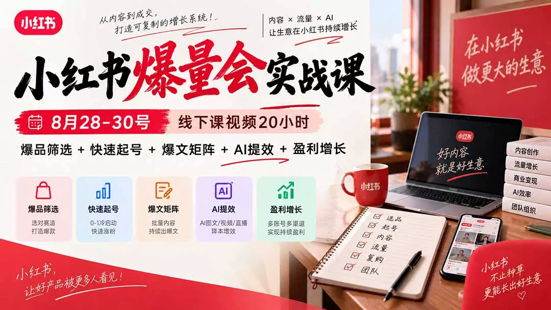小红书爆量会实战课：8月28-30号线下课视频20小时，爆品筛选+快速起号+爆文矩阵+AI提效+盈利增长