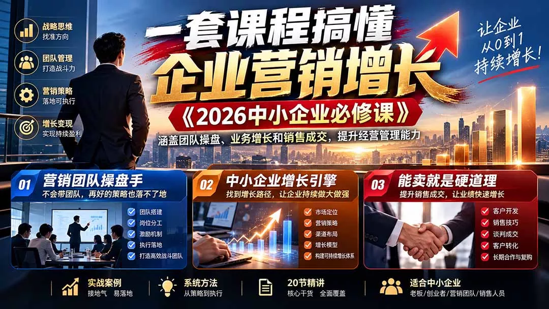 一套课程搞懂企业营销增长《2026中小企业必修课》涵盖团队操盘、业务增长和销售成交，提升经营管理能力 - 来及网络