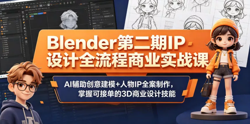 Blender第二期IP设计全流程商业实战课，AI辅助创意建模+人物IP全案制作，掌握可接单的3D商业设计技能 - 来及网络
