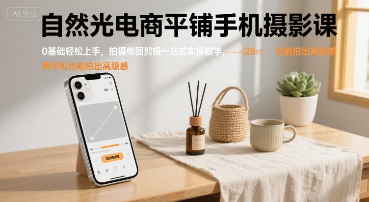 自然光电商平铺手机摄影课，0基础轻松上手，拍摄修图剪辑一站式实操教学，用手机也能拍出高级感 - 来及网络