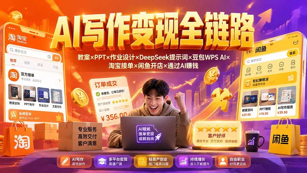 2026AI写作变现全链路：教案×PPT×作业设计×DeepSeek提示词×豆包WPS AI×淘宝接单×闲鱼开店×通过AI賺钱 - 来及网络