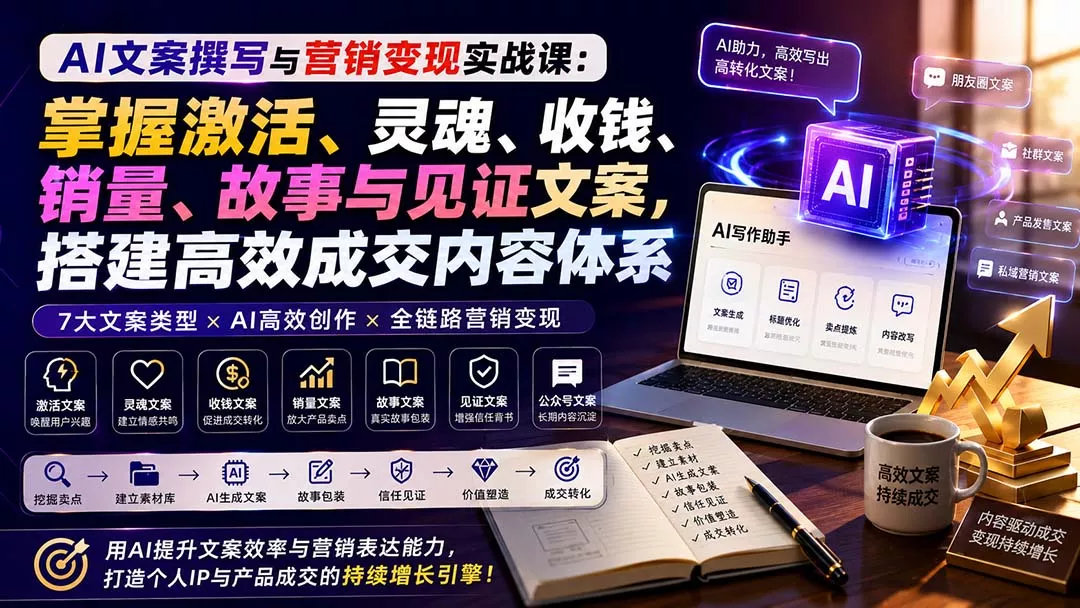 AI文案撰写与营销变现实战课：掌握激活、灵魂、收钱、销量、故事与见证文案，搭建高效成交内容体系 - 来及网络