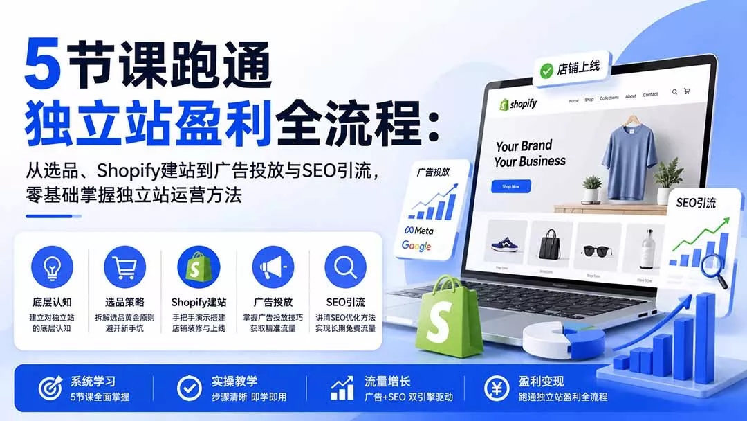 5节课跑通独立站盈利全流程：从选品、Shopify建站到广告投放与SEO引流，零基础掌握独立站运营方法 - 来及网络
