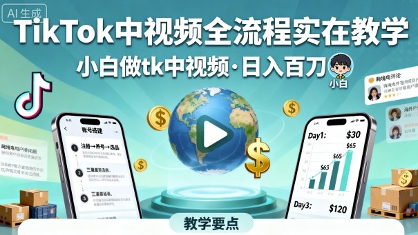 TikTok中视频全流程实操教学，小白做tk中视频，日入百刀 - 来及网络