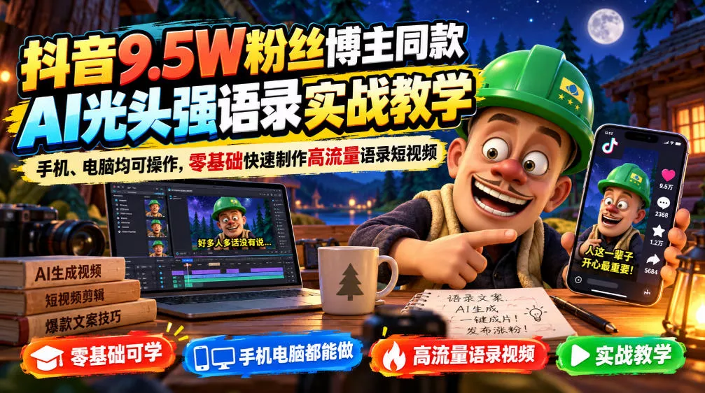 抖音9.5W粉丝博主同款AI光头强语录实战教学，手机、电脑均可操作，零基础快速制作高流量语录短视频 - 来及网络