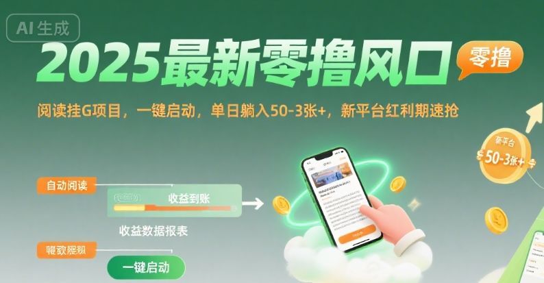 2025最新零撸风口，阅读挂G项目，一键启动，单日躺入 50-3张+，新平台红利期速抢【揭秘】 - 来及网络