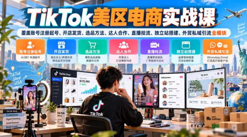TikTok美区电商实战课，覆盖账号注册起号、开店发货、选品方法、达人合作、直播投流、独立站搭建、外贸私域引流全模块 - 来及网络